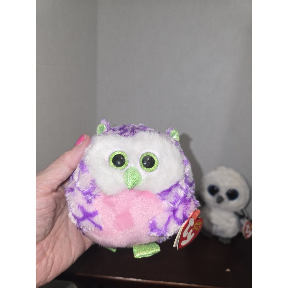 Ty ~ Beanie Babies Ballz * 2014 * 'Ozzy ' Purple Owl * w/ Hang Tag